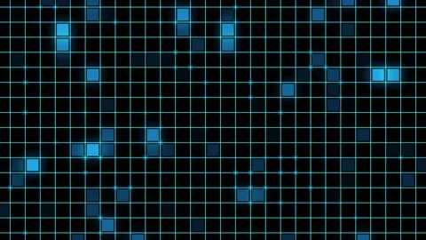 The black background is lined with squares that flash randomly with blue-green Video stock 154185576