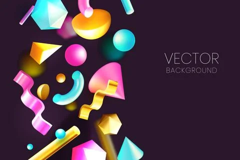 Black background with multicolor 3d geometric shapes. Abstract glossy plastic Stock Illustration