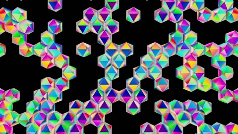 On a black background, polygonal rainbow figures move continuously, as if Stock Footage 153642280