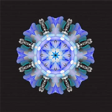 On a black background, a purple mandala with large stone statues in a circle Stock Illustration
