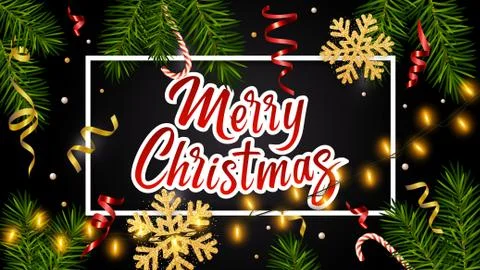 Black background with realistic pine branches, luminous garlands, candy Stock Illustration