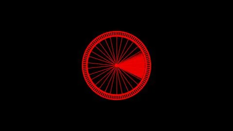 A black background with a red spiked wheel that has small red segments on i.. Stock Illustration