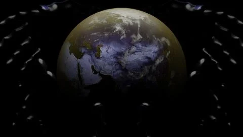 Black background with rotating planet and patterns. Design. Around its axis is a Stock Illustration
