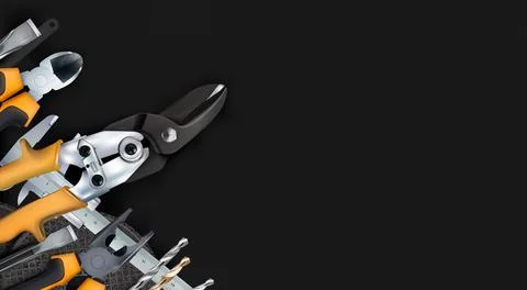 Black background set tools of locksmith, hand metalworking and locksmithing. Stock Illustration