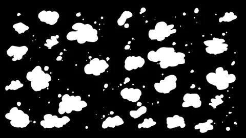 Black background with soft white clouds of different shapes. Light airy Stock Illustration