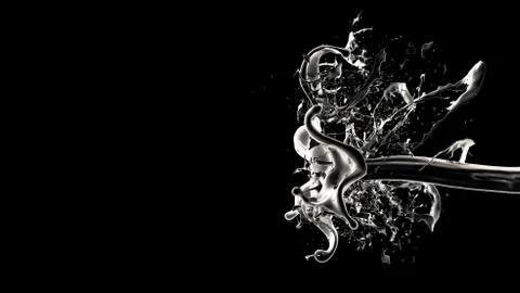 Black background with splash of liquid. 3d illustration, 3d rendering. Stock Illustration
