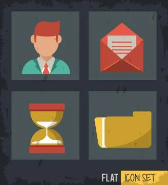 Black background squares set with man and mail and sand clock and folder Ilustración de archivo