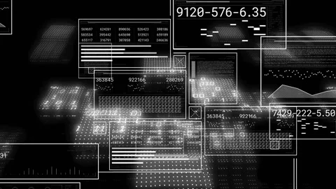 Black background starting floating data windows forming, sliding and updating Stock Footage 329859702