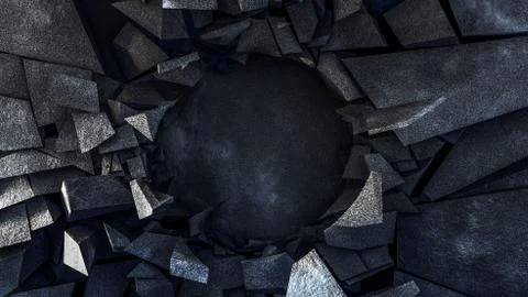 Black background with a stone explosion and a circle. 3d illustration, 3d ren イラスト素材