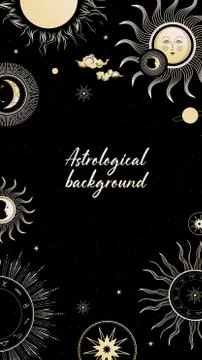 Black background with sun, crescent and zodiac symbols. Stock Illustration