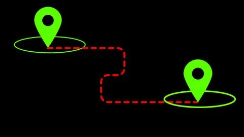 A black background with two green location pins connected by a red dashed l.. Illustrazione stock