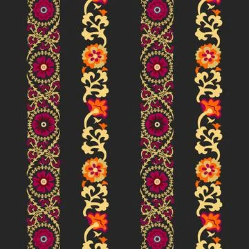A black background with a vibrant striped border designs with colorful flowers Stock Illustration