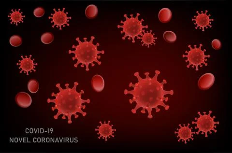 On a black background, the virus molecules are among the red blood cells in t Stock Illustration
