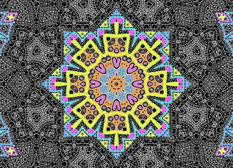 Black background with white graphics and colorful concentric pattern Stock Illustration