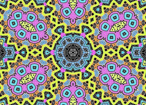 Black background with white graphics and colorful concentric pattern Stock Illustration