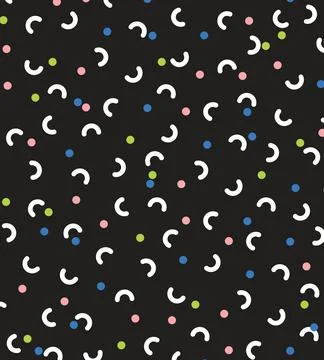 On a black background, white hooks and small balls of pink, yellow and blue Stock Illustration