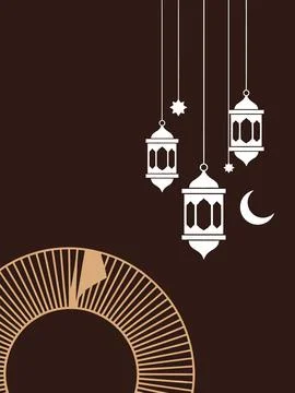 Black background, with white islamic, lanterns and crescent, moon silhouett.. Stock Illustration