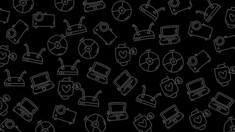 Black background, white line drawings of gadgets 库存影片 334202585