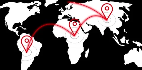 Black background world map with white continents and red pins linked by glo.. Stock Footage 321582592