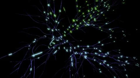 Black background.Design. Bright animation in which glowing blue lines and small Stock Illustration