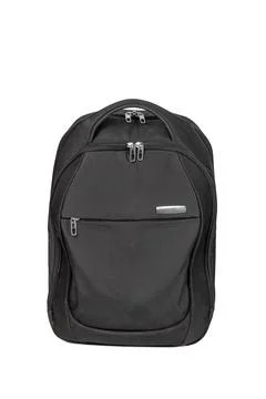 Black backpack for a computer on a white isolated background. Stock Photos