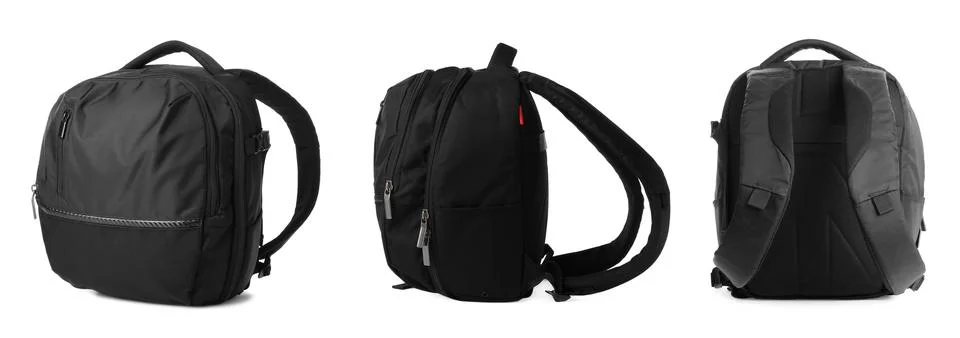 Black backpack isolated on white, collage. Different sides Photos