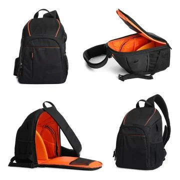Black backpack isolated on white, collage. Different sides Photos