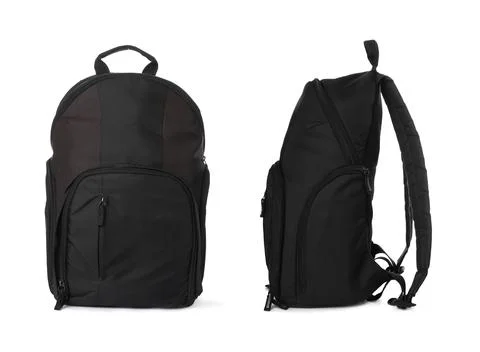 Black backpack isolated on white, collage. Different sides Photos