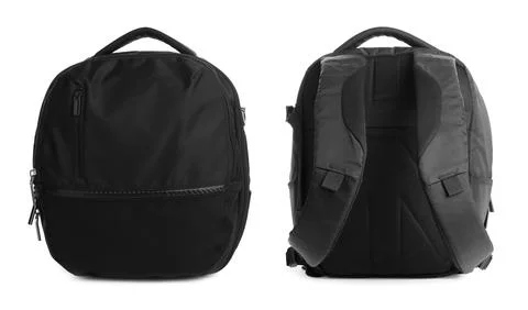 Black backpack isolated on white, collage. Different sides Photos