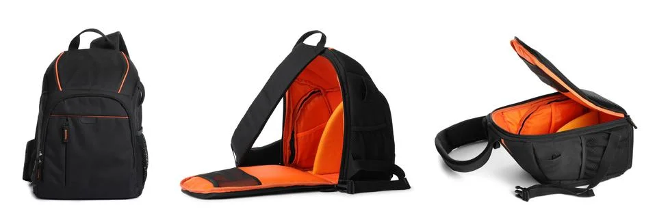 Black backpack isolated on white, collage. Different sides Photos