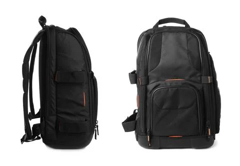 Black backpack isolated on white, collage. Different sides Photos