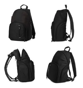 Black backpack isolated on white, collage. Different sides Photos