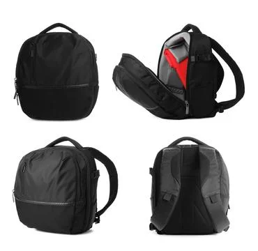Black backpack isolated on white, collage. Different sides Stock Photos
