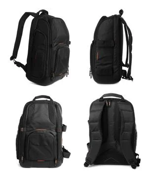 Black backpack isolated on white, collage. Different sides Photos
