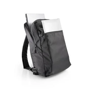 Black backpack with a laptop and folder in open pockets or compartments. Stock Photos