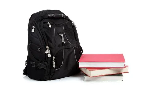 Black backpack with text books on white Stock Photos