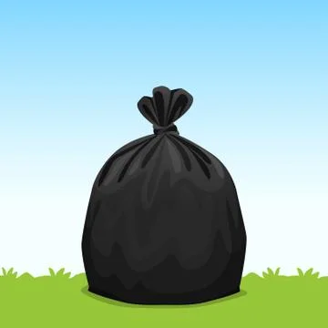 Black bag plastic garbage on grass sky background, bin bag, garbage bags for  Illustrazione stock