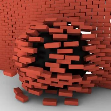 Black ball moving through brick wall Illustrazione stock