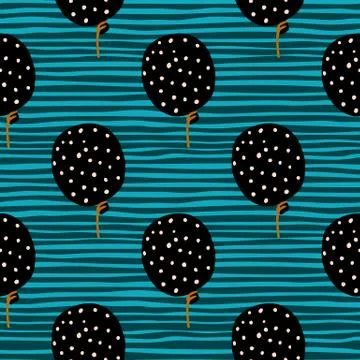 Black balloons elements with yellow dots seamless pattern. Blue stripped back Ilustración de archivo