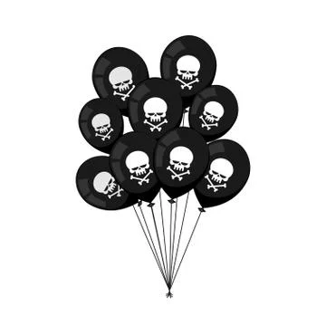 Black balloons. Skull with bones. Mourning, sad party accessories Ilustración de archivo