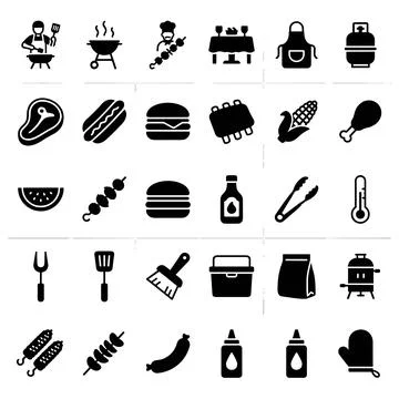 Black barbecue icon set featuring grill, chef, burger, hot dog, steak, corn.. Stock Illustration
