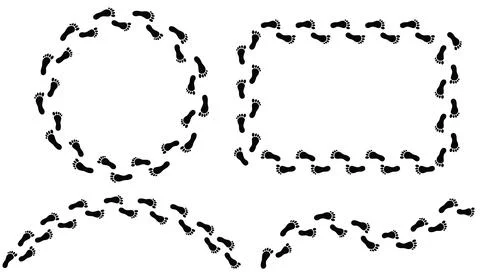 Black barefoot print frames and paths. Walking marks set. Round and square .. Stock Illustration