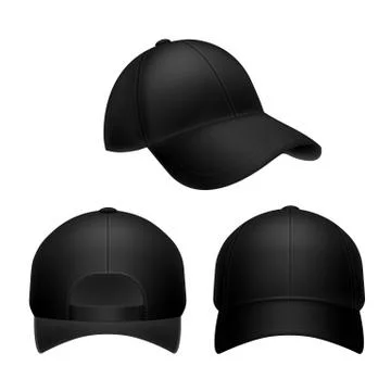 Black baseball cap. Empty hat mockup, headwear caps in back, front and side view Stock Illustration