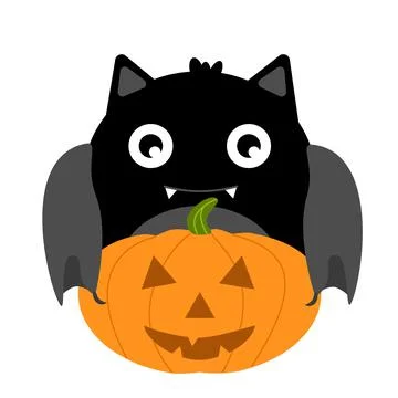 Black bat and a pumpkin. Flat vector illustration. Illustration