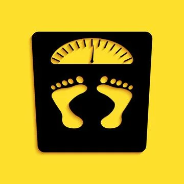 Black Bathroom scales with footprints icon isolated on yellow background. Weight Stock Illustration