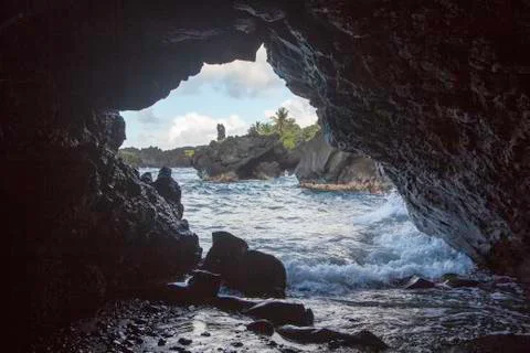 Black Beach Lava Cave Stock Photos