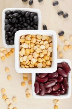 Black beans yellow split peas and red beans Stock Photos