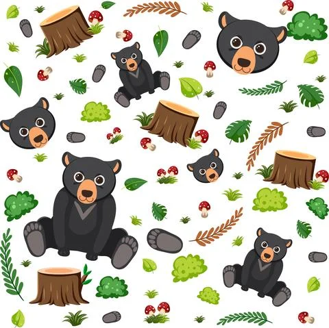 Black bear cute animal seamless pattern Stock Illustration