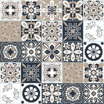 Black beige white seamless pattern for ceramic tiles in Moroccan style, vecto Stock Illustration