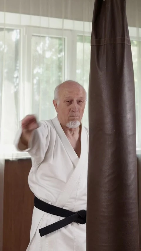 Black belt trainer throwing circular punches on a machine Stock Footage 309742003